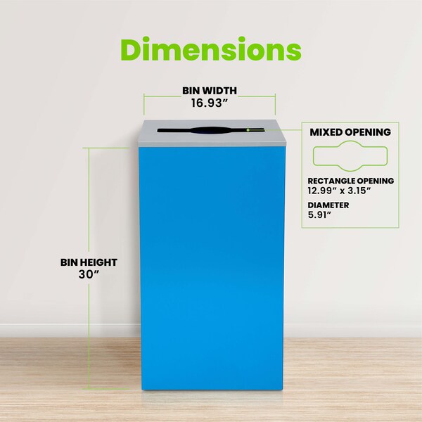 Alpine Industries Square Recycling Bin, 29 Gallons, Blue Can, Mixed Opening Lid - ALP4450-KIT-BLU-M