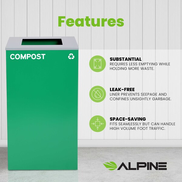 Alpine Industries Square Recycling Bin, 29 Gallons, Green Can, Square Opening Lid, for Compost - ALP4450-KIT-GRN-S-COM