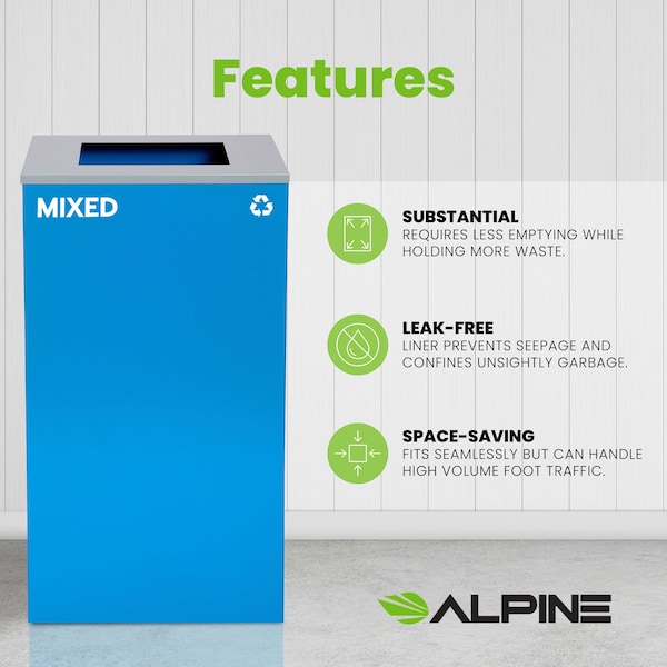 Alpine Industries Square Recycling Bin, 29 Gallons, Blue Can, Square Opening Lid, for Mixed - ALP4450-KIT-BLU-S-MIX