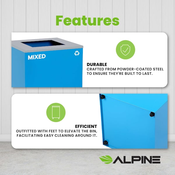 Alpine Industries Square Recycling Bin, 29 Gallons, Blue Can, Square Opening Lid, for Mixed - ALP4450-KIT-BLU-S-MIX