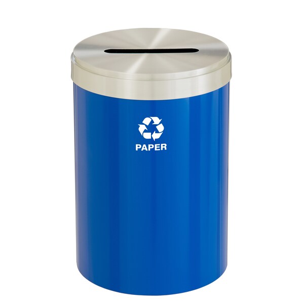 Glaro 33 gal Round Recycling Bin, Blue/Satin Aluminum - P-2032BL-SA-P2