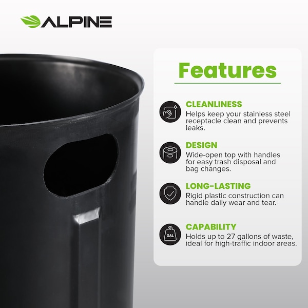 Alpine Industries 50 Gal. Rigid Plastic Waterproof Insert Liner With Handles For Round Indoor Trash Can. - ALP475-50-L