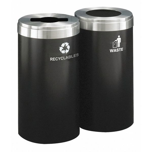 Glaro 30 gal Round Recycling Bin, Open Top, Satin Black/Satin Aluminum, 2 Openings - 1242-2BK-SA-R/W