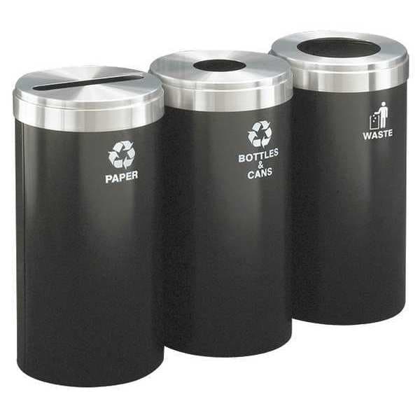 Glaro 69 gal Round Recycling Bin, Open Top, Satin Black/Satin Aluminum, Steel, 3 Openings - 1542-3BK-SA-B&C/P/W