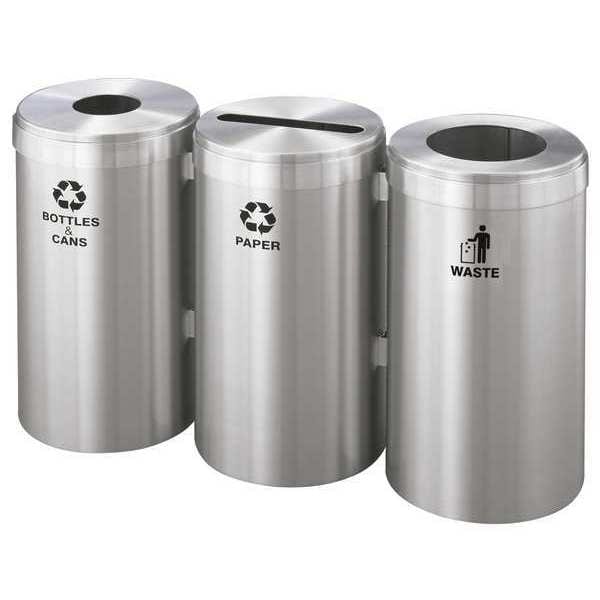 Glaro 69 gal Round Recycling Bin, Open Top, Satin Aluminum, Aluminum, 3 Openings - 1542-3SA-SA-B&C/P/W