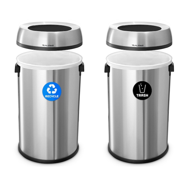 Alpine Industries Trash Can, Stainless Steel Brushed, Stainless Steel/Plastic - ALP470-65L-R-T
