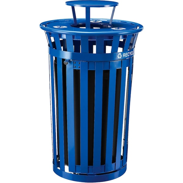 Global Industrial Outdoor Slatted Recycling Can w/Access Door & Rain Lid, 36 Gallon, Blue - 261943BL