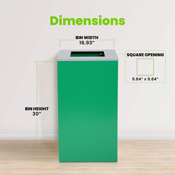 Alpine Industries Square Recycling Gin, 29 Gallons, Green Can, Square Opening Lid - ALP4450-KIT-GRN-S