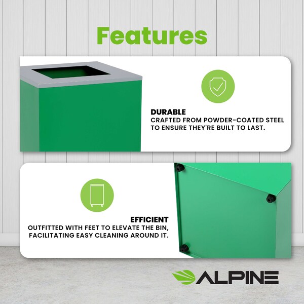Alpine Industries Square Recycling Gin, 29 Gallons, Green Can, Square Opening Lid - ALP4450-KIT-GRN-S