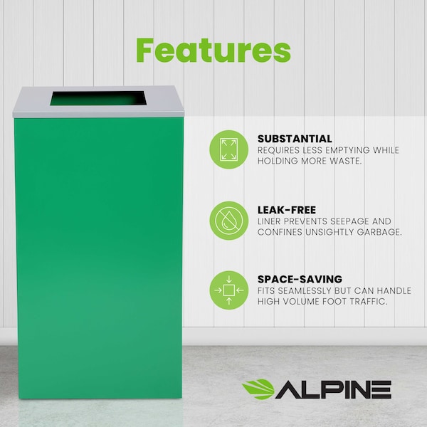Alpine Industries Square Recycling Gin, 29 Gallons, Green Can, Square Opening Lid - ALP4450-KIT-GRN-S