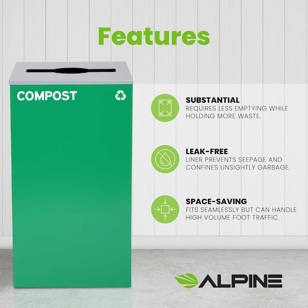 Alpine Industries Square Recycling Bin, 29 Gallons, Green Can, Mixed Opening Lid, for Compost - ALP4450-KIT-GRN-M-COM