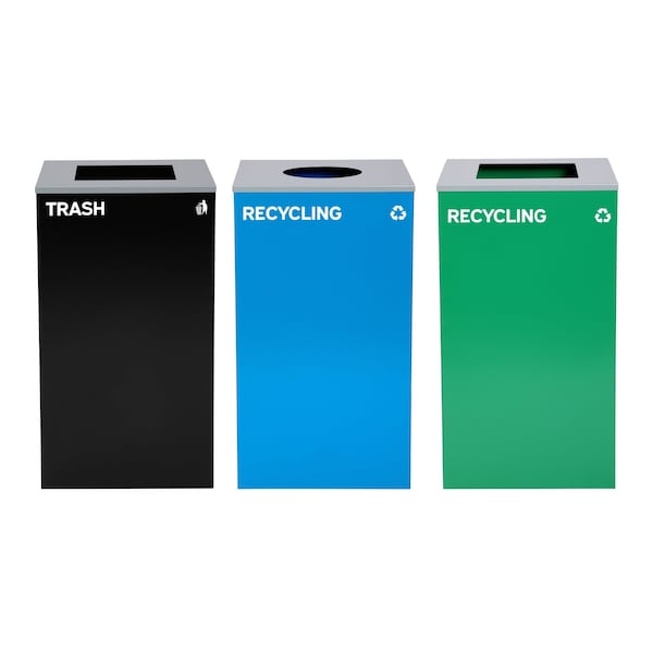 Alpine Industries 87 Gal. 3-Stream Steel Blue Recycling, Green Recycling, and Black Commercial Trash Can Station - ALP4450-BLK-KIT35