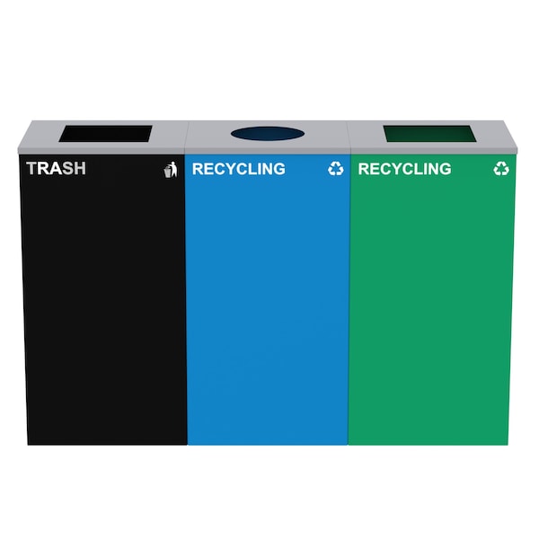 Alpine Industries 87 Gal. 3-Stream Steel Blue Recycling, Green Recycling, and Black Commercial Trash Can Station - ALP4450-BLK-KIT35