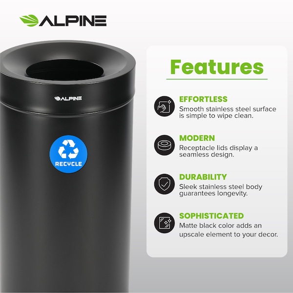 Alpine Industries 27 Gallon Stainless Steel Recycling Can Black - ALP475-27-BLK-R