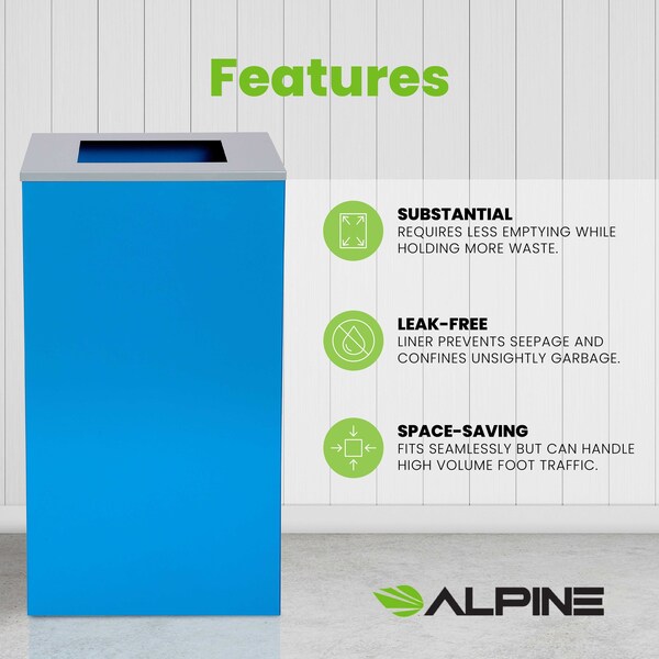 Alpine Industries Square Recycling Bin, 29 Gallons, Blue Can, Square Opening Lid - ALP4450-KIT-BLU-S