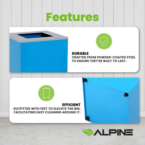 Alpine Industries Square Recycling Bin, 29 Gallons, Blue Can, Square Opening Lid - ALP4450-KIT-BLU-S