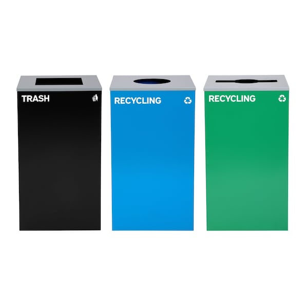 Alpine Industries 87 Gal. 3-Stream Steel Blue Recycling, Green Recycling, and Black Commercial Trash Can Station - ALP4450-BLK-KIT39
