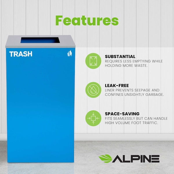 Alpine Industries Square Recycling Bin, 29 Gallons, Blue Can, Square Opening Lid, for Trash - ALP4450-KIT-BLU-S-TR