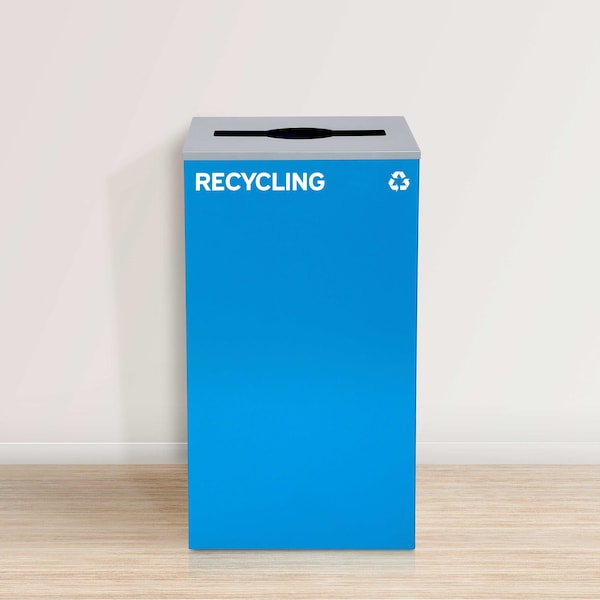 Alpine Industries 87 Gal. 3-Stream Steel Mixed and Open Square Lid Commercial Trash Can and Blue Recycling Station - ALP4450-BLK-KIT18