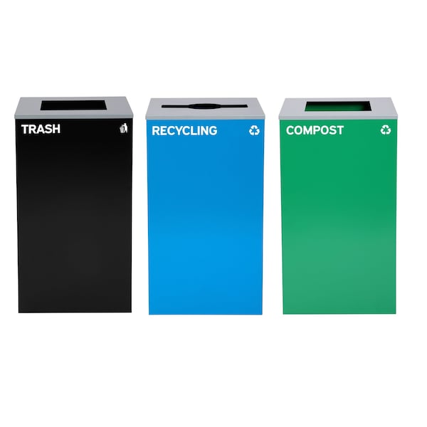 Alpine Industries 87 Gal. 3-Stream Steel Mixed and Open Square Lid Commercial Trash Can and Blue Recycling Station - ALP4450-BLK-KIT18