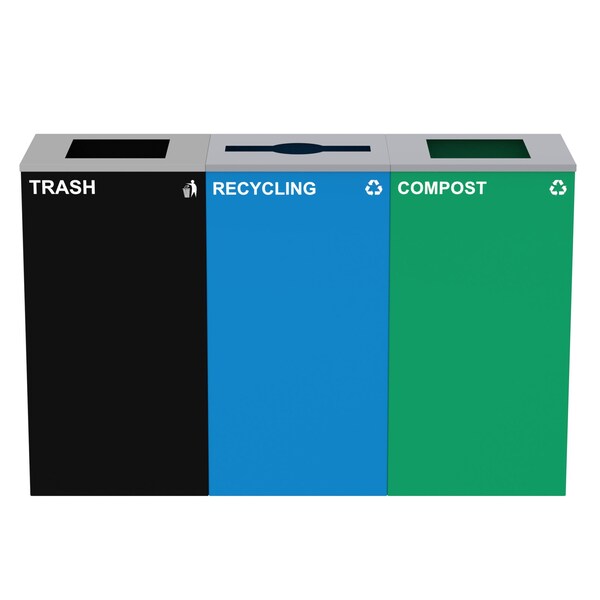 Alpine Industries 87 Gal. 3-Stream Steel Mixed and Open Square Lid Commercial Trash Can and Blue Recycling Station - ALP4450-BLK-KIT18