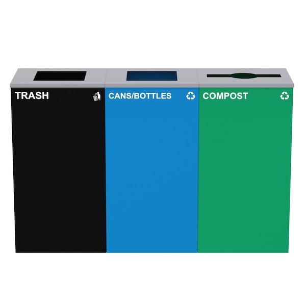 Alpine Industries 87 Gal. 3-Stream Steel Blue Cans & Bottles, Green Compost, and Black Commercial Trash Can Station - ALP4450-BLK-KIT25