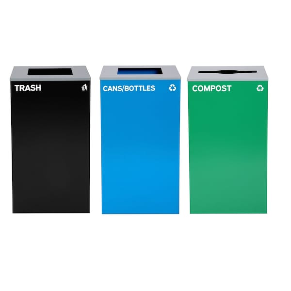 Alpine Industries 87 Gal. 3-Stream Steel Blue Cans & Bottles, Green Compost, and Black Commercial Trash Can Station - ALP4450-BLK-KIT25