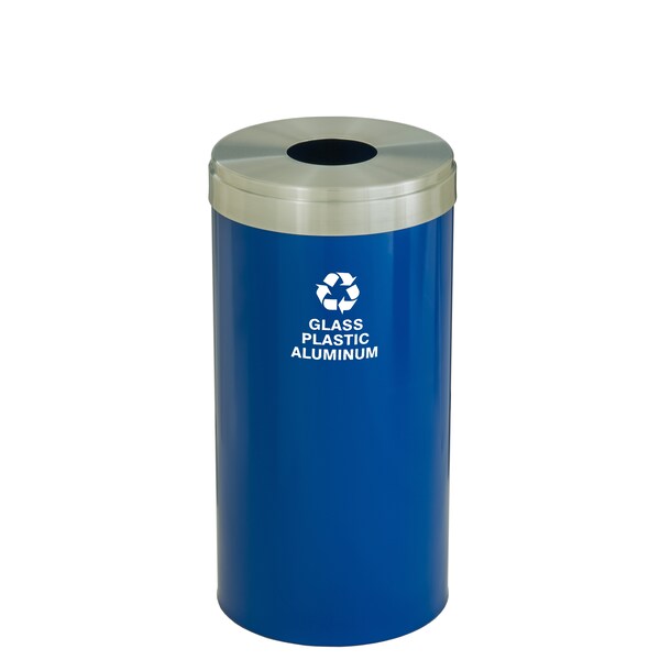 Glaro 16 gal Round Recycling Bin, Blue/Satin Aluminum - B-1532BL-SA-B9