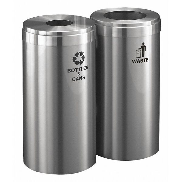 Glaro 30 gal Round Recycling Bin, Open Top, Satin Aluminum, 2 Openings - 1242-2SA-SA-B&C/W