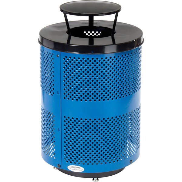 Global Industrial Outdoor Perforated Steel Trash Can W/Rain Bonnet Lid & Base, 36 Gallon, Blue - 261927BLD