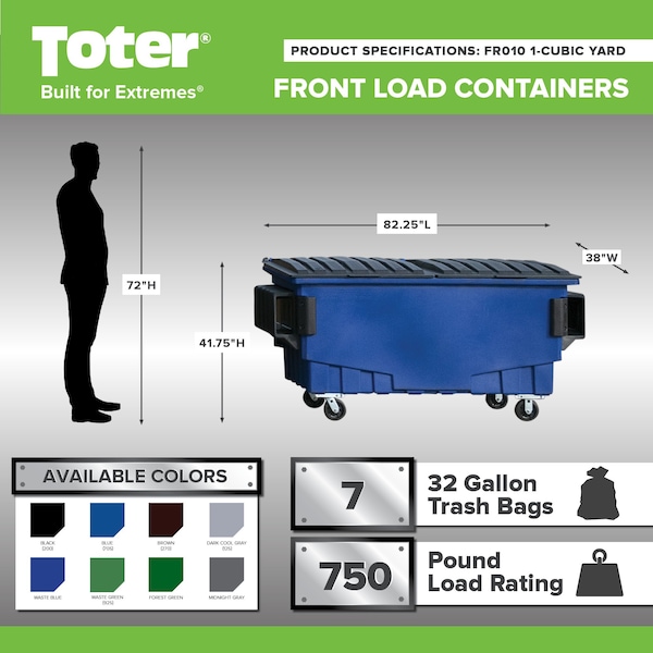 Toter Front Load Container, 1 Cubic Yard 750 lbs. Cap., Waste Green - FR010-00925