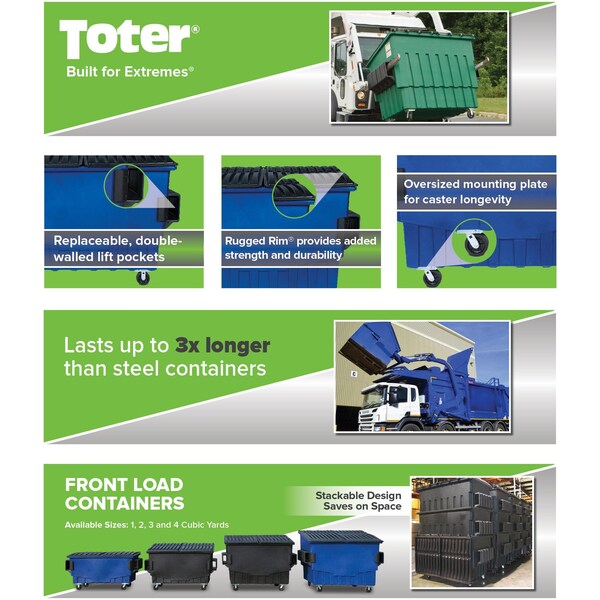 Toter Front Load Container, 1 Cubic Yard 750 lbs. Cap., Waste Green - FR010-00925