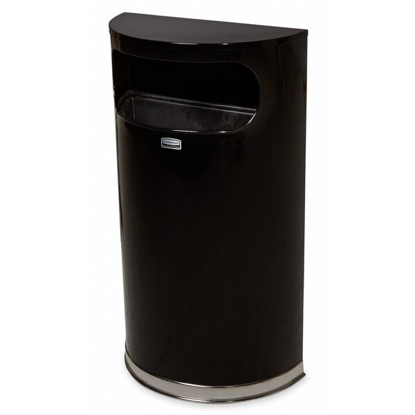 Rubbermaid Commercial 9 gal Half-Round Trash Can, Black, 17 1/2 in Dia, Open Top, Steel/Chrome, Rigid Plastic - FGSO820PLBK