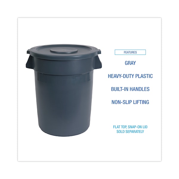 Boardwalk 44 gal Round Cylinder Trash Can, Gray, Open Top, Plastic - 3485199