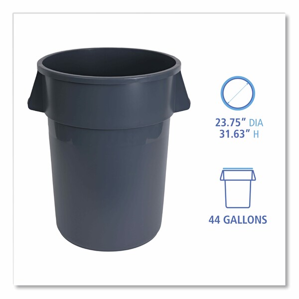 Boardwalk 44 gal Round Cylinder Trash Can, Gray, Open Top, Plastic - 3485199