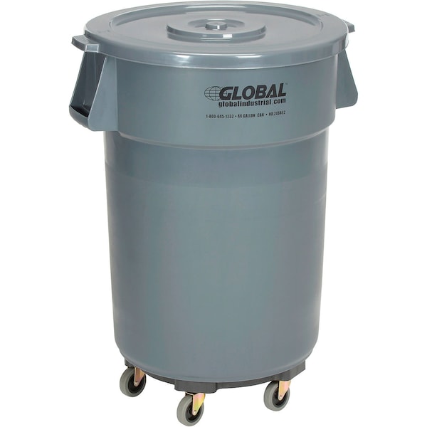 Global Industrial Plastic Trash Can with Lid & Dolly, 44 Gallon Gray - 240462GYB
