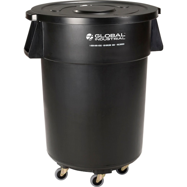 Global Industrial Plastic Trash Can with Lid & Dolly, 55 Gallon Black - 240464BKB