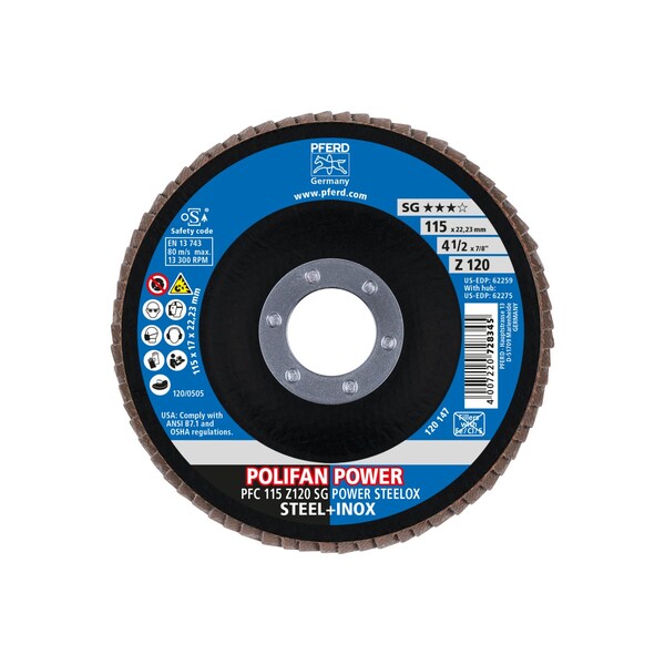 Disco de láminas POLIFAN® Pferd 4-1/2" x 7/8" A.H. - Z SG POWER STEELOX, óxido de circonio, 120 granos, Conico - 62259