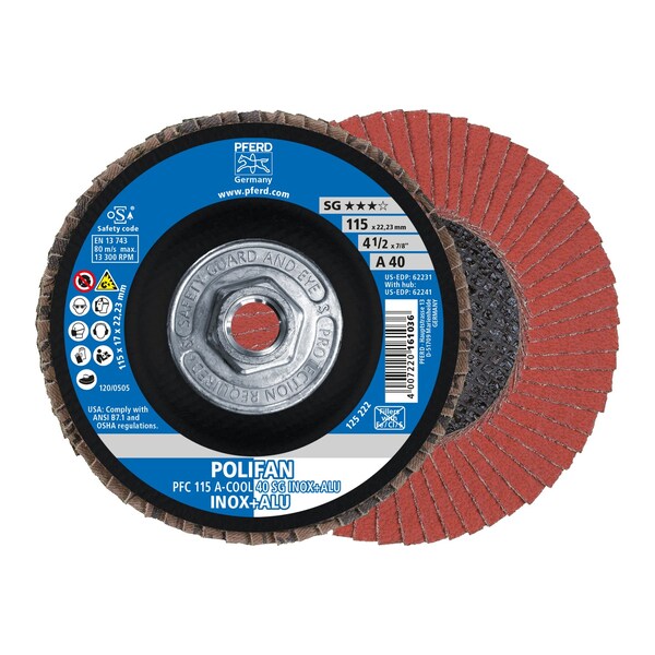 Disco de láminas POLIFAN® de 4-1/2" x 5/8-11 Thd. A-COOL SG INOX+ALU, óxido de aluminio, 40 Granos, Cónico - 62241.