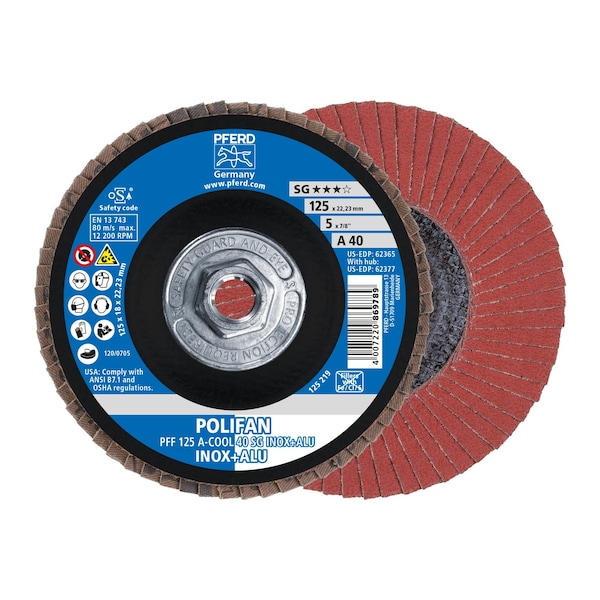 Disco de láminas POLIFAN® de 5" x 5/8-11 Thd. A-COOL SG INOX+ALU de Pferd, óxido de aluminio, 40 granos, plano - 62377