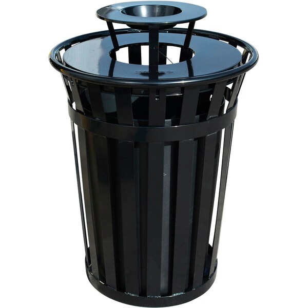 Global Industrial Outdoor Slatted Steel Trash Can w/ Ashtray Lid, 36 Gallon, Black - 641632BK
