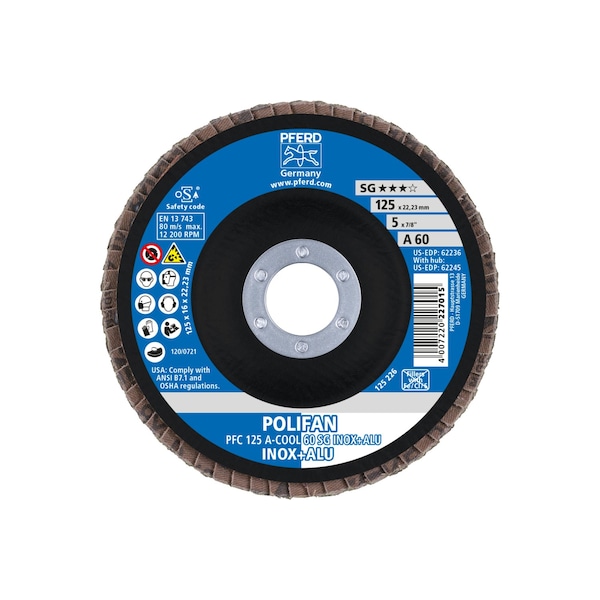 Disco de láminas POLIFAN® Pferd de 5" x 7/8" A.H. - A-COOL SG INOX+ALU, óxido de aluminio, 60 granos, Cónico - 62236