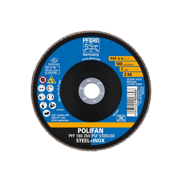 Disco de láminas POLIFAN® Pferd de 7" x 7/8" - Z PSF STEELOX, Zirconia, 60 Granos, Plano - 62025.