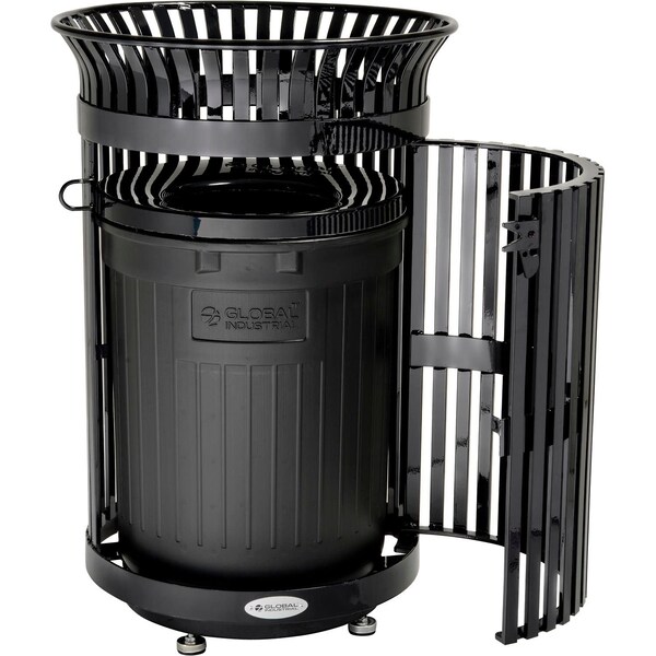 Global Industrial Outdoor Heavy-Duty Slatted Steel Trash Can w/ Door, 36 Gal., 42inH, Black - 641630BK