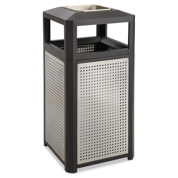 Safco 38 gal Square Trash Can, Black, Open Side, Galvanized steel - 9935BL