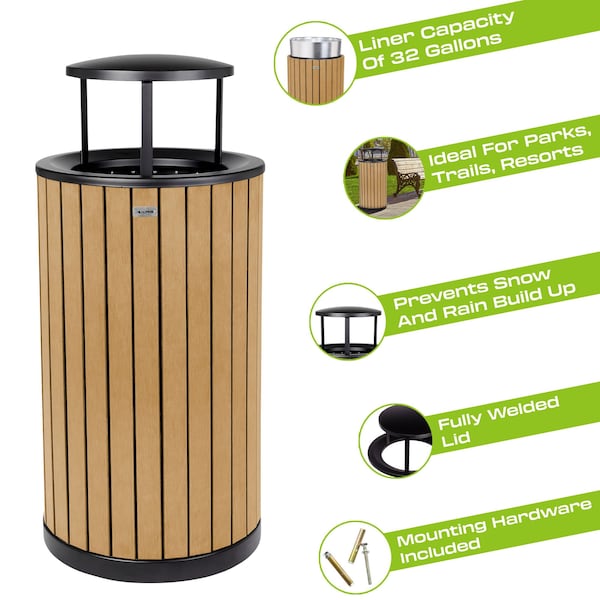 Alpine Industries 32 gal Trash Can, Cedar, Steel + Plastic wood - ALP4400-01-CD-RB