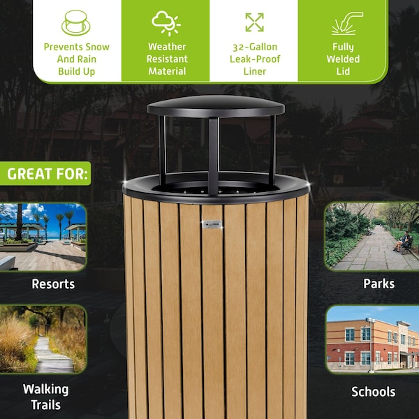 Alpine Industries 32 gal Trash Can, Cedar, Steel + Plastic wood - ALP4400-01-CD-RB