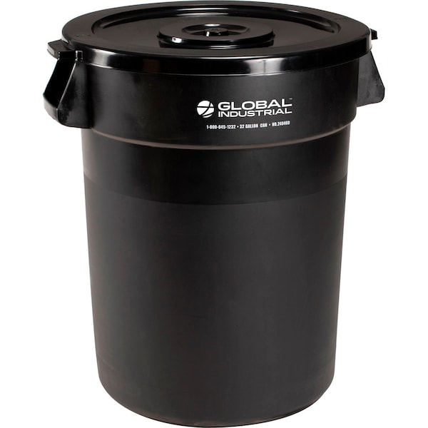 Global Industrial Plastic Trash Can with Lid, 32 Gallon Black - 240460BKCL