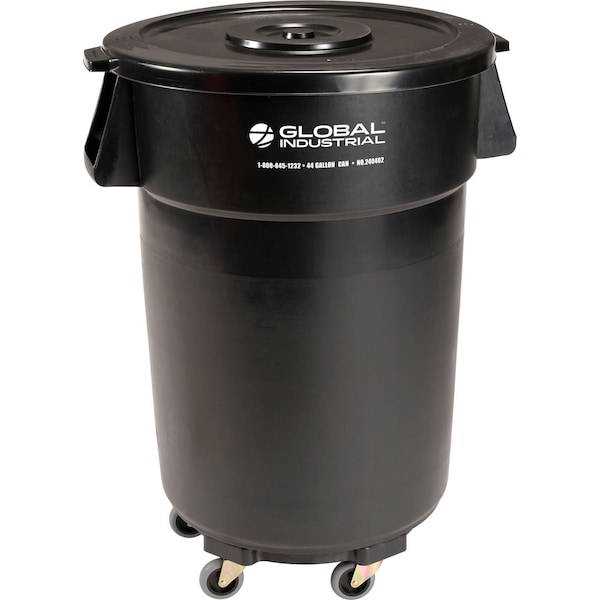 Global Industrial Plastic Trash Can with Lid & Dolly, 44 Gallon Black - 240462BKB
