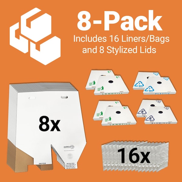 Alp 42-Gallon Corrugated Cardboard Waste and Recycling Containers with Various Lids, 8PK - ALP-C-42G-8PK-EVENT BUNDLE
